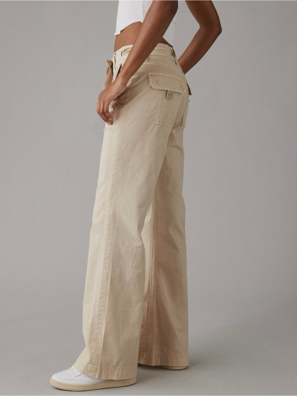 NWOT American Eagle Outfitters Cream Wide-Leg pants with Drawstring Waist sz 6L